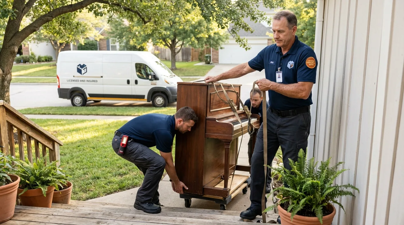 Licensed piano movers securing grand piano in Linwood, NJ