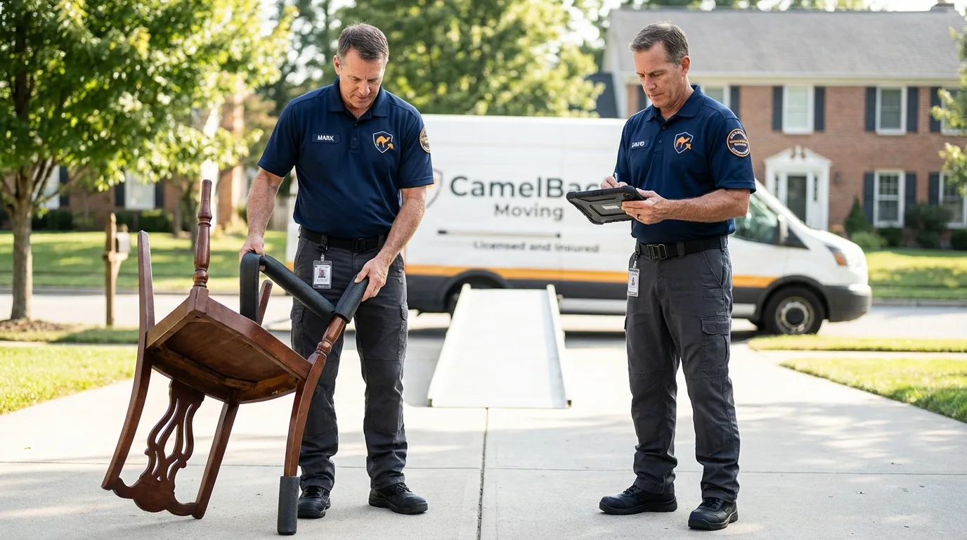 Movers inspecting furniture for damage prevention before loading in Linwood, NJ